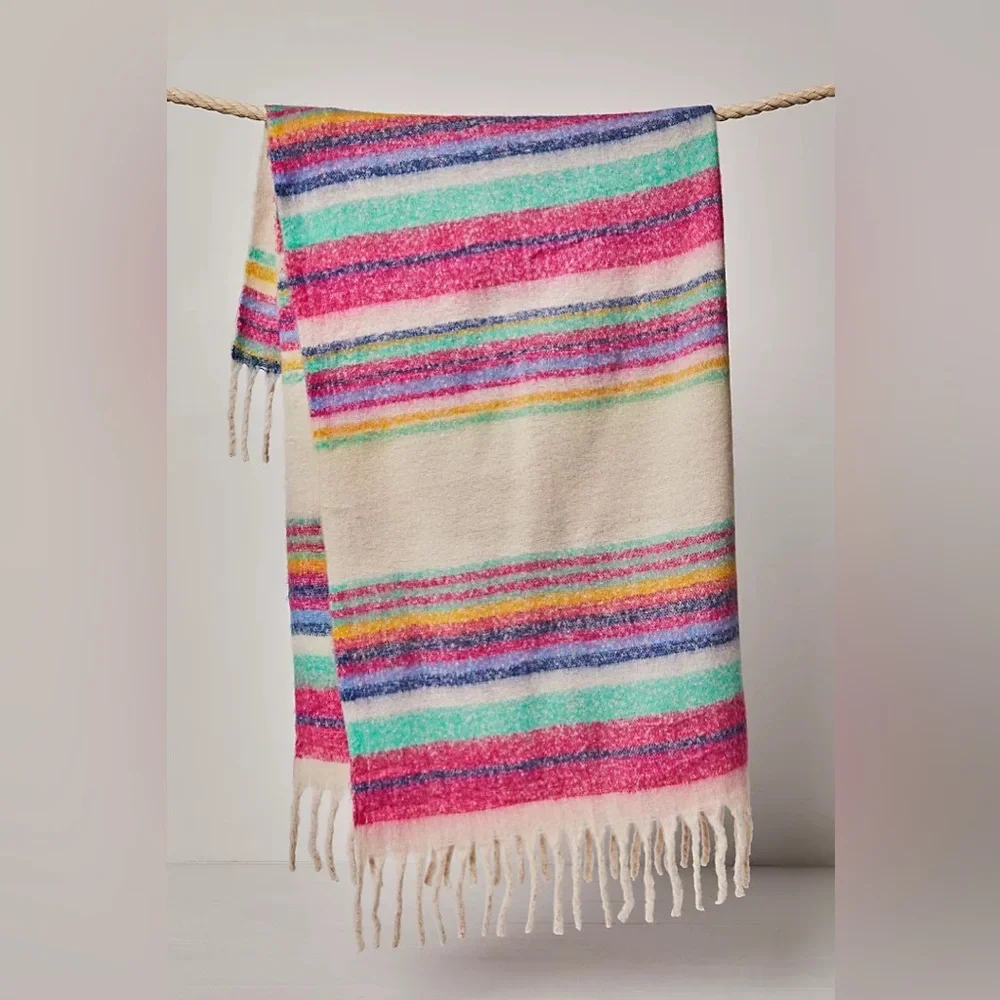 New Free People FP Home Bedding Skye Multi Color Fringe Throw Blanket